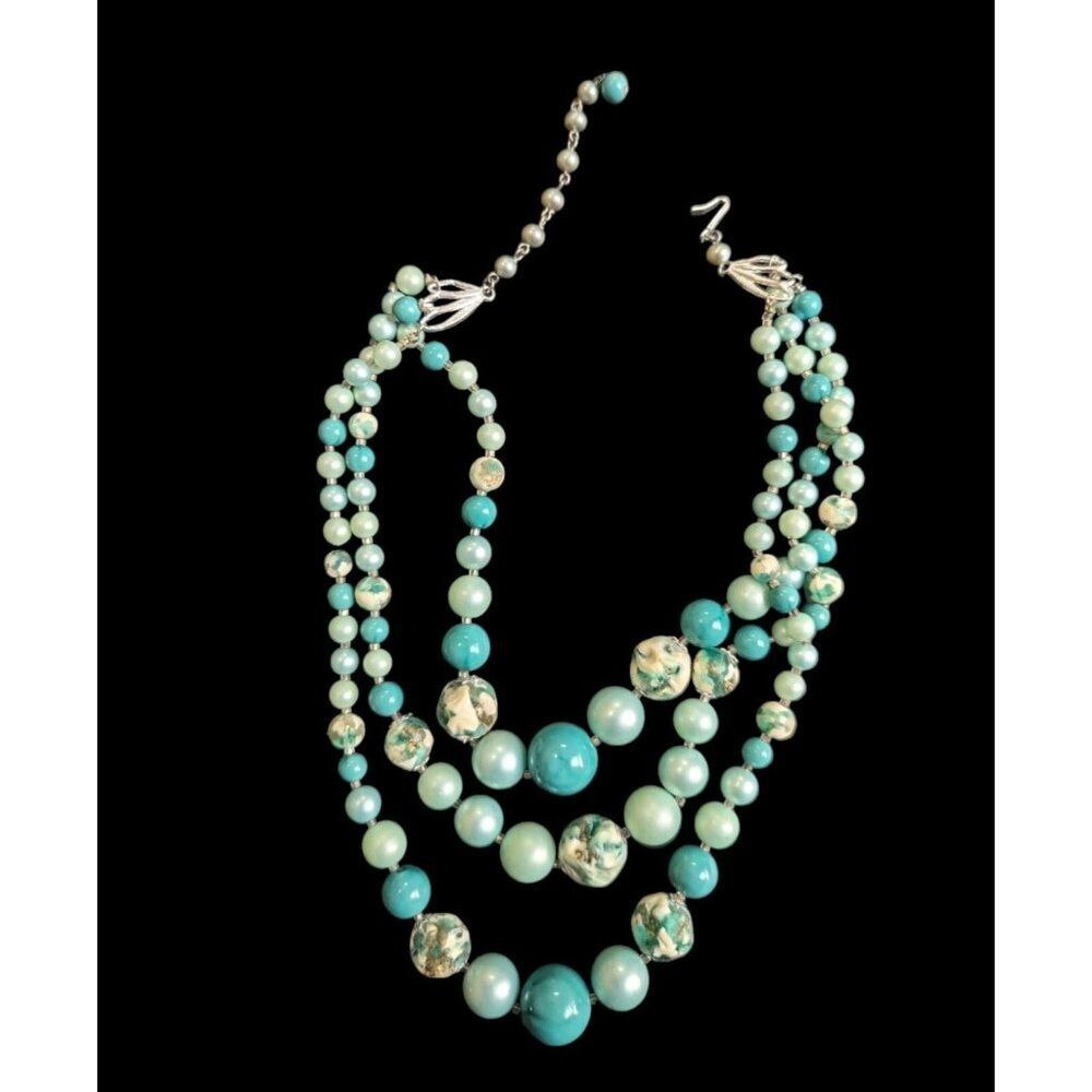 Vintage Multi-Strand Turquoise blue & Marble Bead Necklace With Silver Clasp
